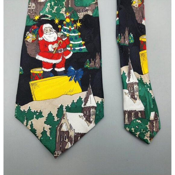 Christmas Holiday Mens Neck Tie 100% Silk Santa Bringing Gifts Black Background - Picture 3 of 6